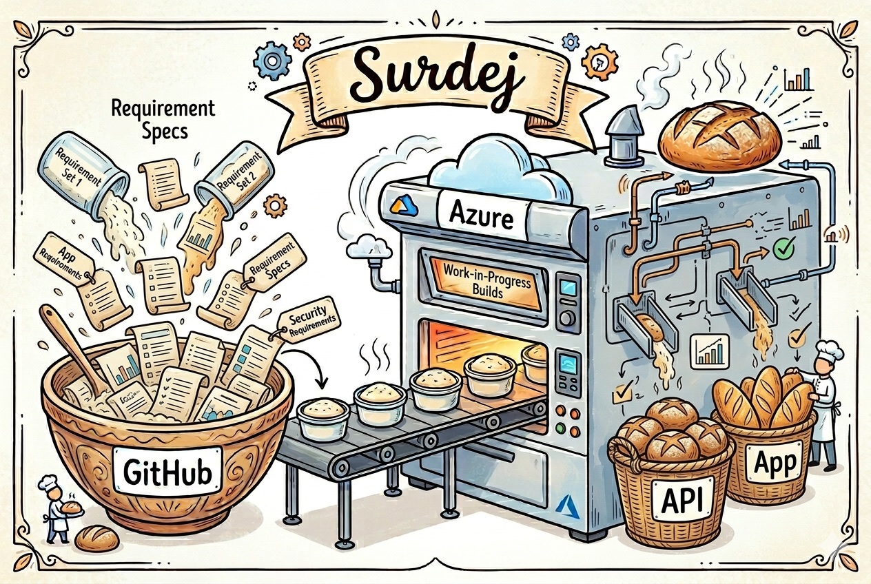 Illustration: krav røres i en skål mærket GitHub, bages i en Azure-ovn og kommer ud som API og App